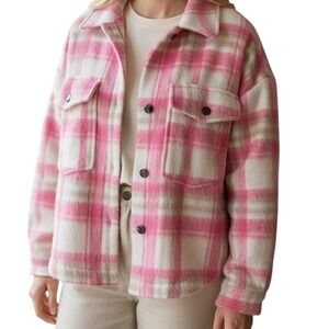 ZARA Women Pink Plaid Fuzzy Shacket Jacket Size M Soft Oversized Button Up Coat